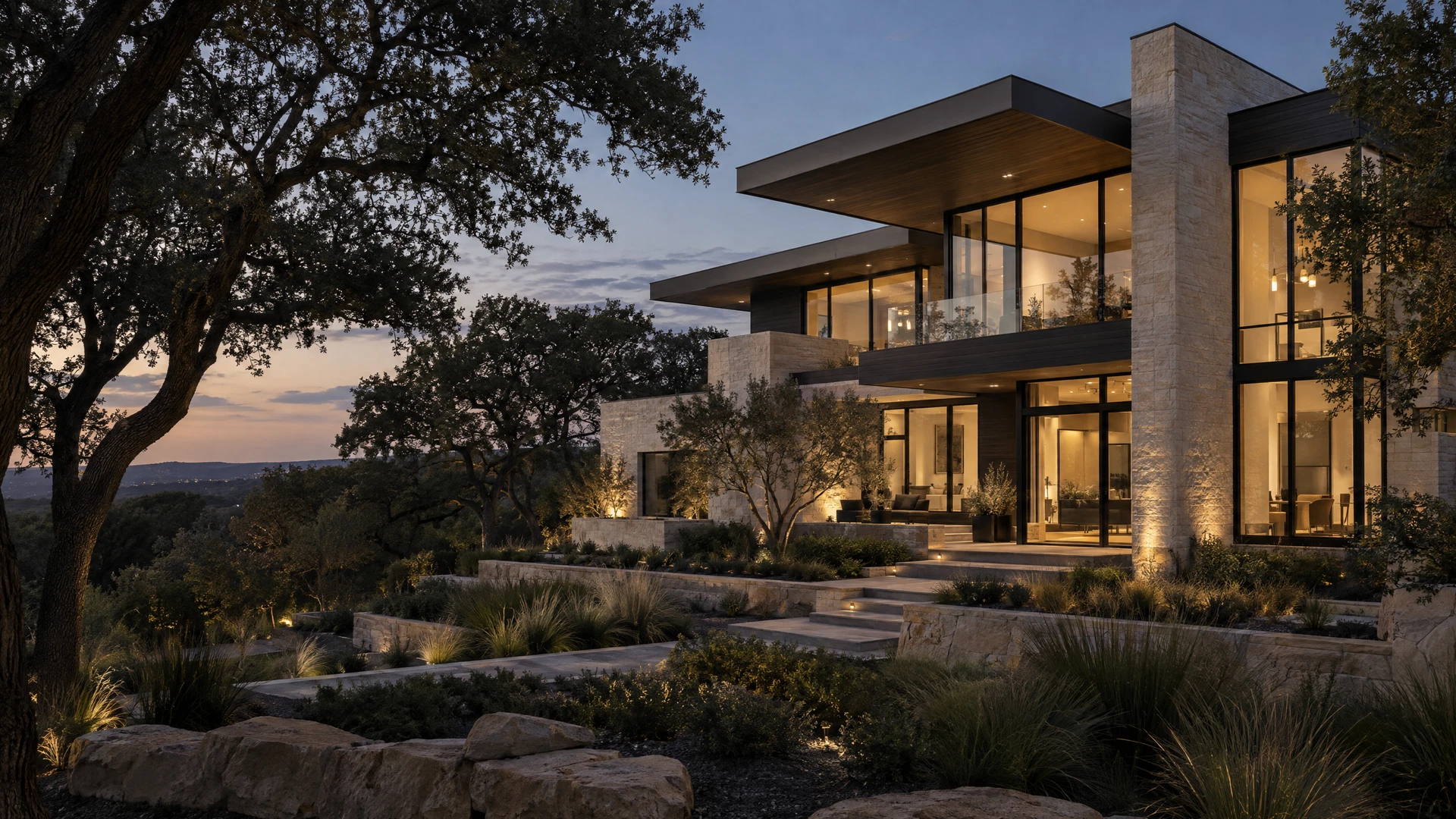 Conceptual contemporary residence in limestone and dark wood at dusk